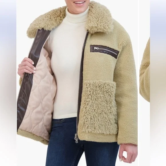 NWT HUDSON JEANS faux leather & faux shearling zip up jacket natural color small - Picture 6 of 6